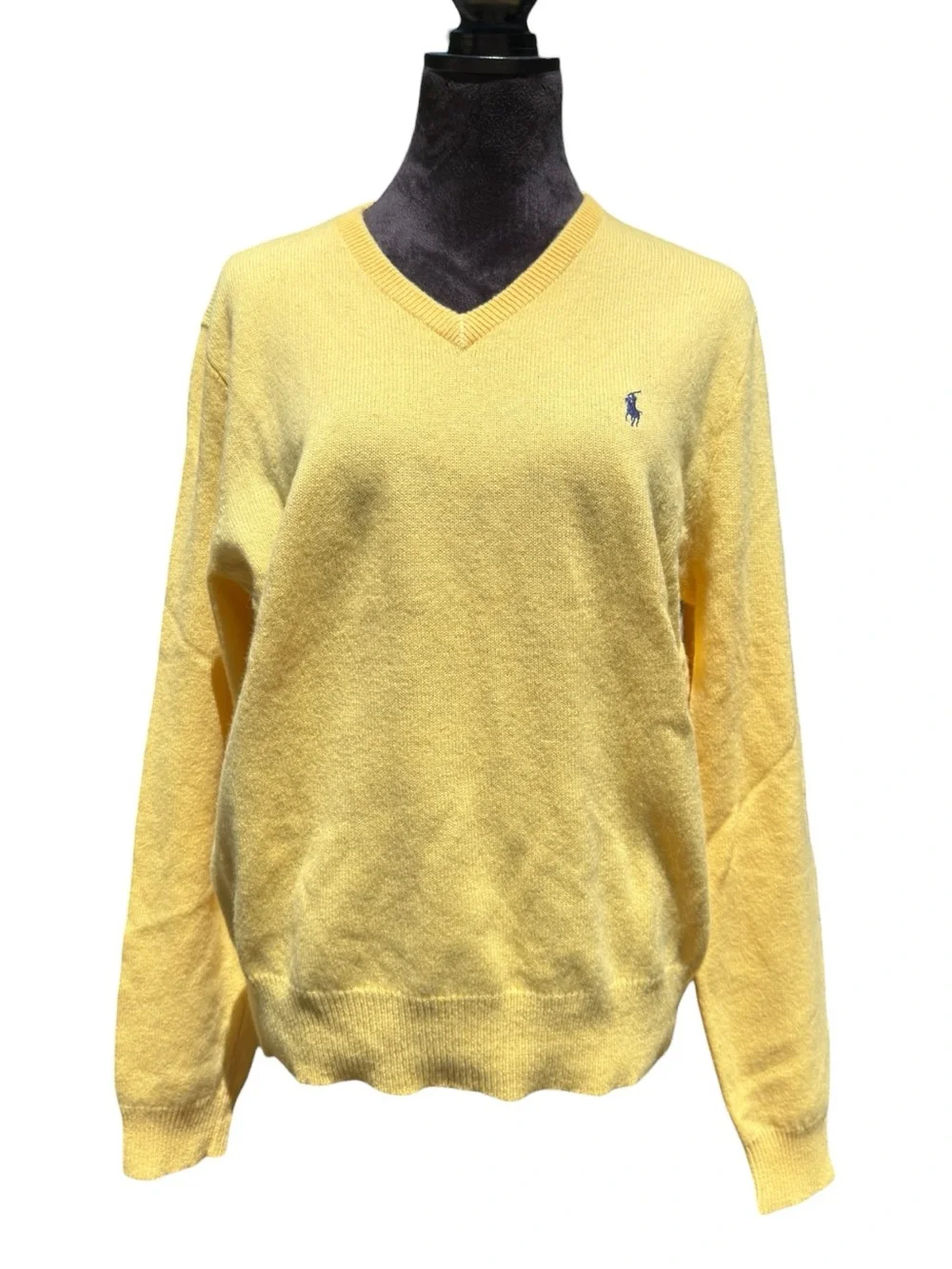 Polo Ralph Lauren 100% Lambswool V-Neck Sweater Old Money Vintage Yellow Knit L